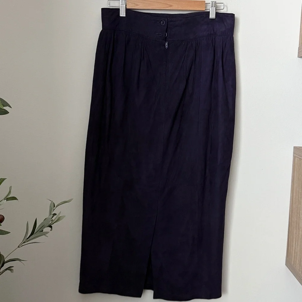 Vintage Saks Fifth Avenue Suede Leather Deep Purple Midi Skirt - Picture 3 of 12